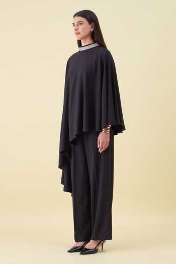 Aakaar_Black Crepe Mandarin Collar Asymmetric Kurta And Pant Set _at_Aza_Fashions