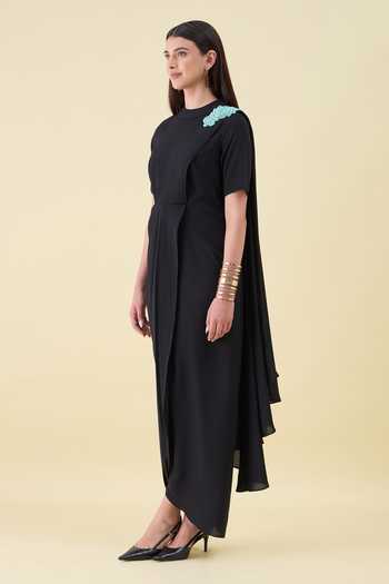 Aakaar_Black Crepe Mandarin Collar Metallic Embellished Moss Dress _Online_at_Aza_Fashions