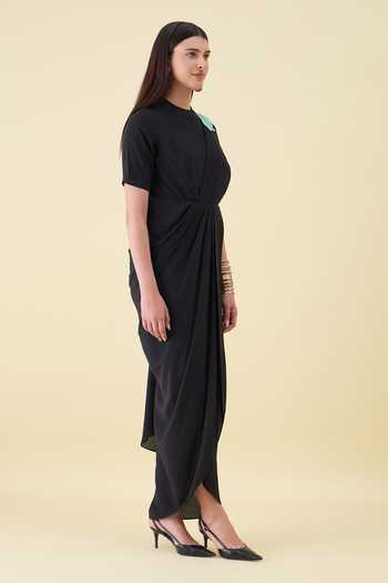 Buy_Aakaar_Black Crepe Mandarin Collar Metallic Embellished Moss Dress _Online_at_Aza_Fashions