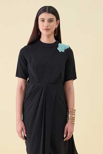 Shop_Aakaar_Black Crepe Mandarin Collar Metallic Embellished Moss Dress _Online_at_Aza_Fashions