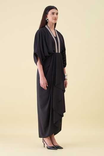 Aakaar_Black Crepe V-neck Metallic Leather Embellished Dress _Online_at_Aza_Fashions