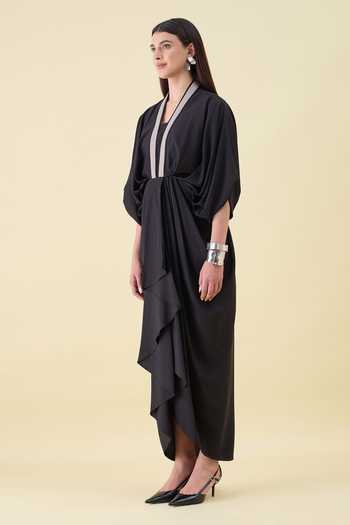 Shop_Aakaar_Black Crepe V-neck Metallic Leather Embellished Dress _Online_at_Aza_Fashions