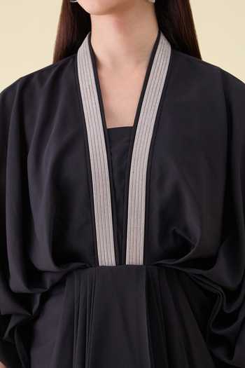 Aakaar_Black Crepe V-neck Metallic Leather Embellished Dress _at_Aza_Fashions