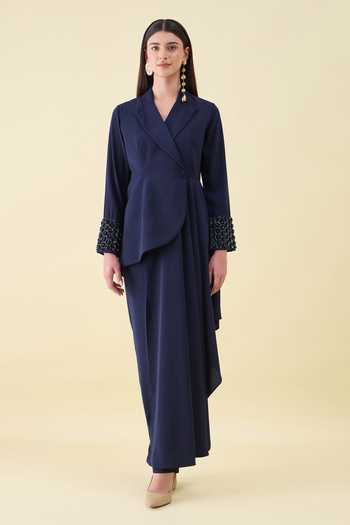 Shop_Aakaar_Navy Crepe Moss Blazer And Pant Set _Online_at_Aza_Fashions