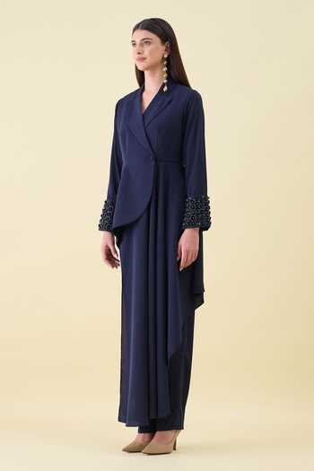Aakaar_Navy Crepe Moss Blazer And Pant Set _at_Aza_Fashions