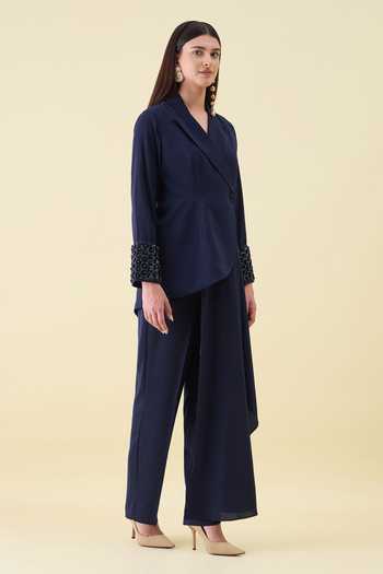 Buy_Aakaar_Navy Crepe Moss Blazer And Pant Set 