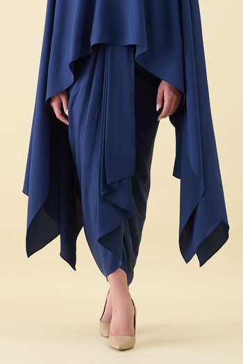 Aakaar_Navy Crepe V-neck Metallic Embellishment Kaftan And Skirt Set _Online_at_Aza_Fashions