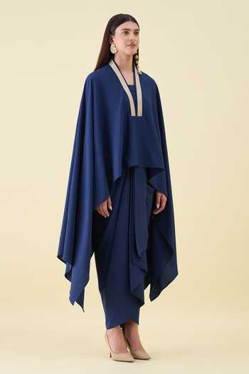 Buy_Aakaar_Navy Crepe V-neck Metallic Embellishment Kaftan And Skirt Set _Online_at_Aza_Fashions