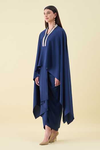 Shop_Aakaar_Navy Crepe V-neck Metallic Embellishment Kaftan And Skirt Set _Online_at_Aza_Fashions