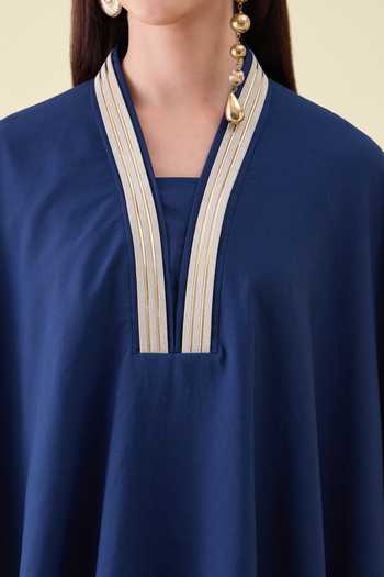 Aakaar_Navy Crepe V-neck Metallic Embellishment Kaftan And Skirt Set _at_Aza_Fashions