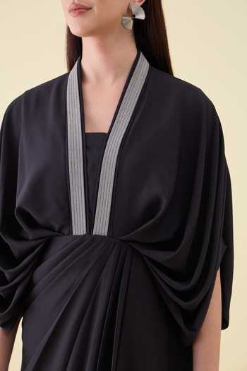 Buy_Aakaar_Black Crepe V-neck Moss Draped Dress _Online_at_Aza_Fashions
