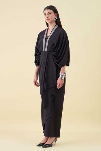 Shop_Aakaar_Black Crepe V-neck Moss Draped Dress _Online_at_Aza_Fashions