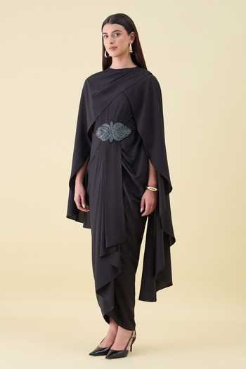 Aakaar_Black Crepe Boat Neck Crystal Applique Moss Dress _Online_at_Aza_Fashions