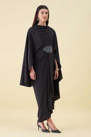 Buy_Aakaar_Black Crepe Boat Neck Crystal Applique Moss Dress _Online_at_Aza_Fashions