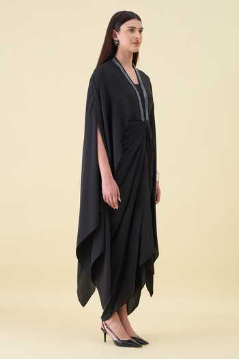 Aakaar_Black Silk, Crepe V-neck Maxi Draped Dress _Online_at_Aza_Fashions
