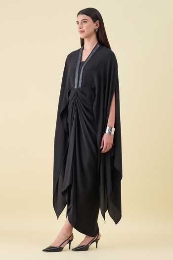 Buy_Aakaar_Black Silk, Crepe V-neck Maxi Draped Dress _Online_at_Aza_Fashions