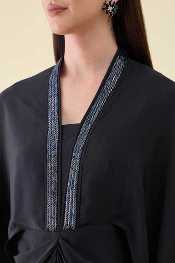 Shop_Aakaar_Black Silk, Crepe V-neck Maxi Draped Dress _Online_at_Aza_Fashions