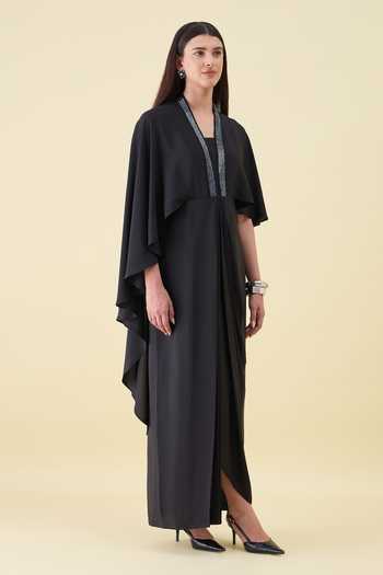 Aakaar_Black Silk, Crepe V-neck Metallic Embellishment Dress _Online_at_Aza_Fashions