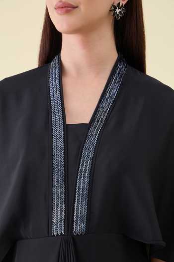 Shop_Aakaar_Black Silk, Crepe V-neck Metallic Embellishment Dress _Online_at_Aza_Fashions