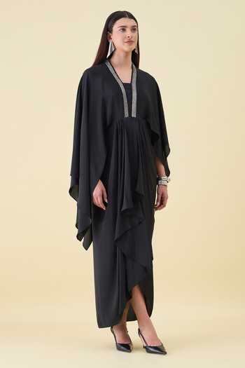 Aakaar_Black Silk, Crepe V-neck Metallic Embellished Dress _Online_at_Aza_Fashions