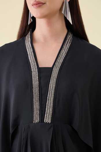 Shop_Aakaar_Black Silk, Crepe V-neck Metallic Embellished Dress _Online_at_Aza_Fashions