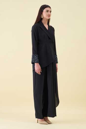 Buy_Aakaar_Black Crepe Crystal Applique Moss Blazer And Pant Set _Online_at_Aza_Fashions