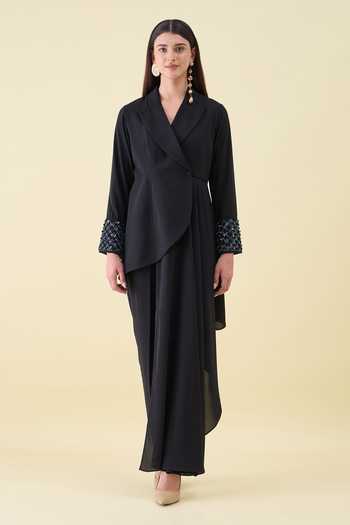 Shop_Aakaar_Black Crepe Crystal Applique Moss Blazer And Pant Set _Online_at_Aza_Fashions