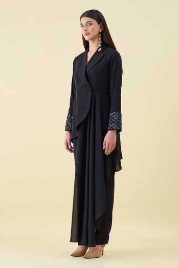Aakaar_Black Crepe Crystal Applique Moss Blazer And Pant Set _at_Aza_Fashions