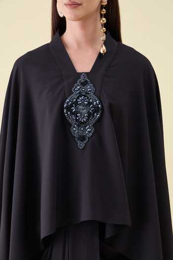 Aakaar_Black Crepe V-neck Crystal Applique Moss Kaftan And Skirt Set _Online_at_Aza_Fashions
