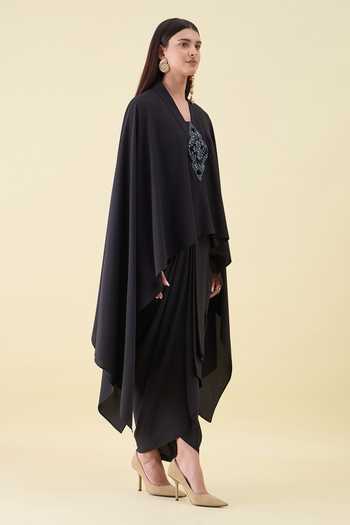 Shop_Aakaar_Black Crepe V-neck Crystal Applique Moss Kaftan And Skirt Set _Online_at_Aza_Fashions