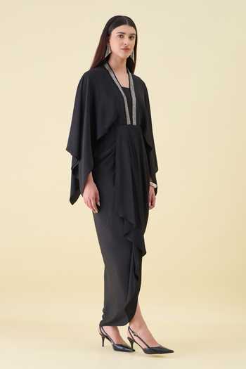 Aakaar_Black Silk, Crepe V-neck Metallic Embellished Dress _Online_at_Aza_Fashions
