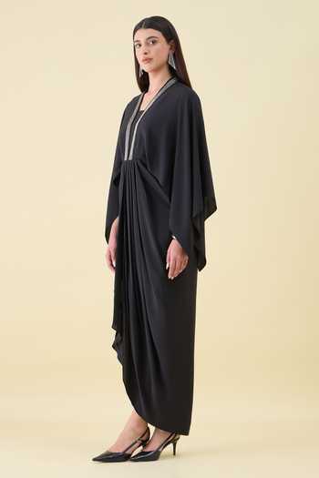 Buy_Aakaar_Black Silk, Crepe V-neck Metallic Embellished Dress _Online_at_Aza_Fashions