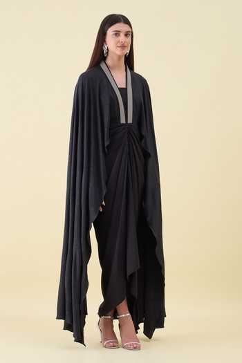 Aakaar_Black Crepe V-neck Moss Draped Maxi Dress _Online_at_Aza_Fashions