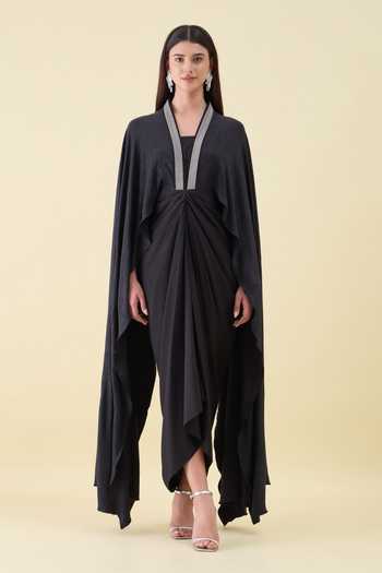 Buy_Aakaar_Black Crepe V-neck Moss Draped Maxi Dress _Online_at_Aza_Fashions