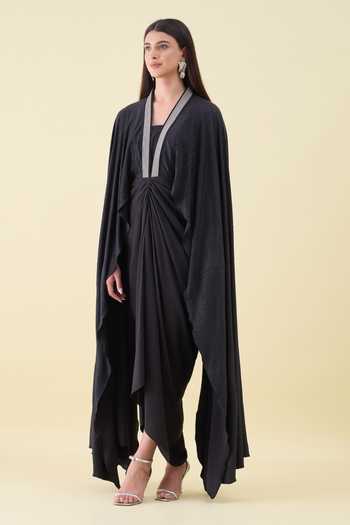 Shop_Aakaar_Black Crepe V-neck Moss Draped Maxi Dress _Online_at_Aza_Fashions