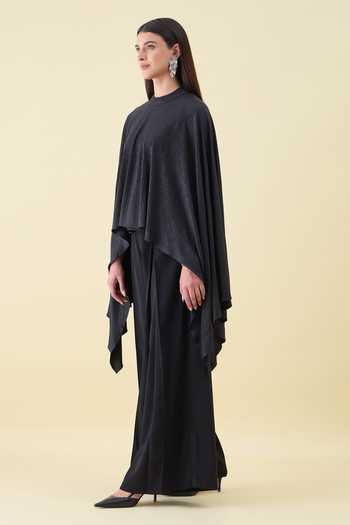 Aakaar_Black Crepe Solid Moss Kaftan And Pant Set _Online_at_Aza_Fashions