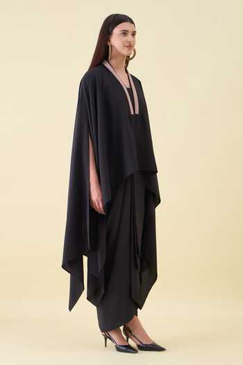 Aakaar_Black Crepe V-neck Metallic Leather Kaftan And Skirt Set _Online_at_Aza_Fashions