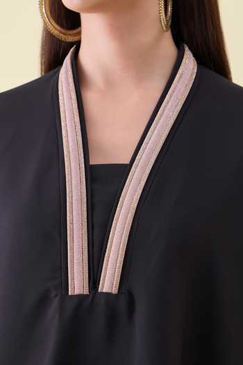 Buy_Aakaar_Black Crepe V-neck Metallic Leather Kaftan And Skirt Set _Online_at_Aza_Fashions