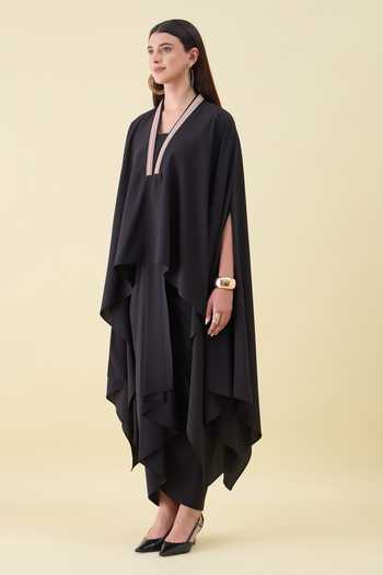 Shop_Aakaar_Black Crepe V-neck Metallic Leather Kaftan And Skirt Set _Online_at_Aza_Fashions