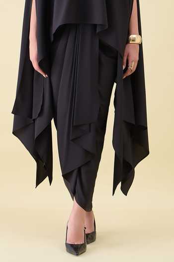 Aakaar_Black Crepe V-neck Metallic Leather Kaftan And Skirt Set _at_Aza_Fashions
