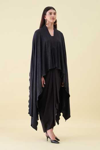 Aakaar_Black Crepe V-neck Solid Moss Kaftan And Skirt Set _Online_at_Aza_Fashions
