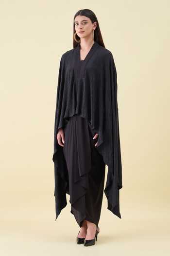 Buy_Aakaar_Black Crepe V-neck Solid Moss Kaftan And Skirt Set _Online_at_Aza_Fashions