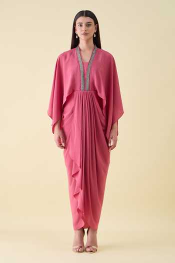 Aakaar_Pink Silk, Crepe V-neck Metallic Embellishment Dress _Online_at_Aza_Fashions