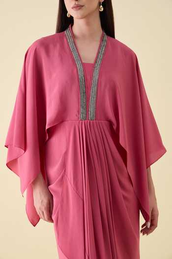 Buy_Aakaar_Pink Silk, Crepe V-neck Metallic Embellishment Dress _Online_at_Aza_Fashions