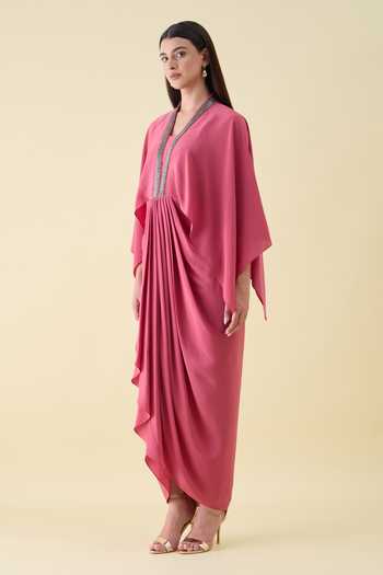Shop_Aakaar_Pink Silk, Crepe V-neck Metallic Embellishment Dress _Online_at_Aza_Fashions