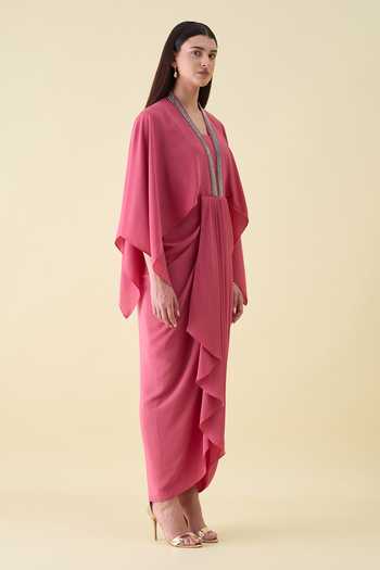 Aakaar_Pink Silk, Crepe V-neck Metallic Embellishment Dress _at_Aza_Fashions