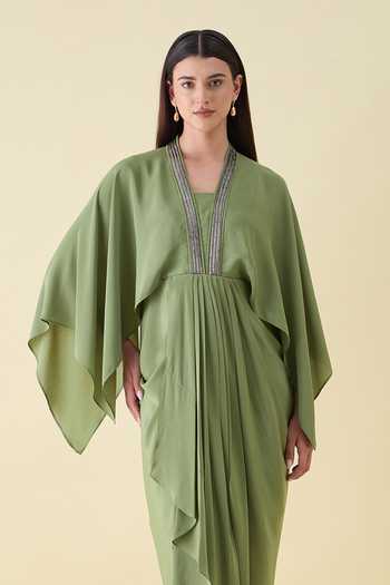 Aakaar_Green Silk, Crepe V-neck Metallic Embelishment Dress _Online_at_Aza_Fashions