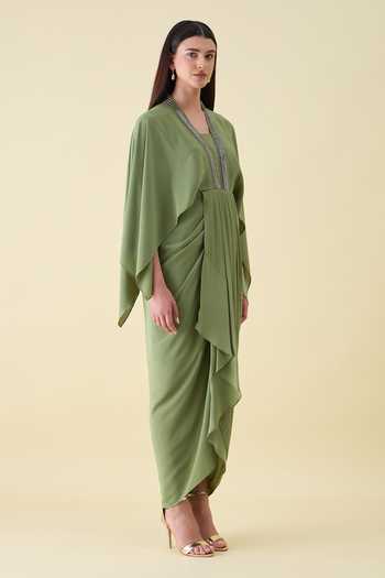 Buy_Aakaar_Green Silk, Crepe V-neck Metallic Embelishment Dress _Online_at_Aza_Fashions