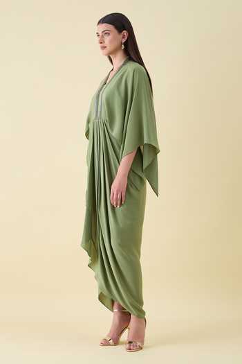 Shop_Aakaar_Green Silk, Crepe V-neck Metallic Embelishment Dress _Online_at_Aza_Fashions