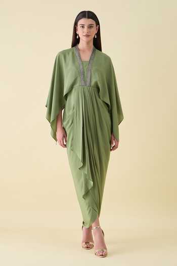 Aakaar_Green Silk, Crepe V-neck Metallic Embelishment Dress _at_Aza_Fashions